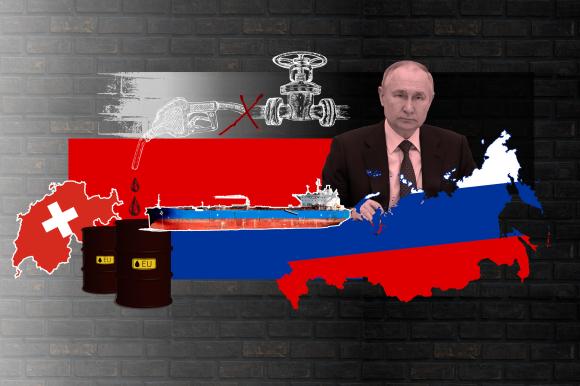 Illustrazione / collage Putin, Svizzera e barili di petrolio