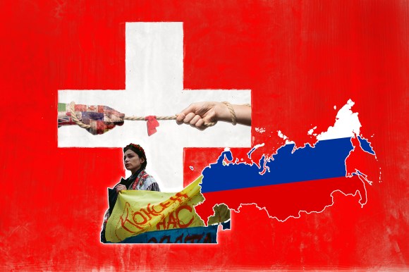 Collage bandiera svizzera, russia e manifestante con bandiera ucraina