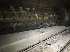 Il convoglio merci tedesco deragliato nel tunnel del Gottardo il 10 agosto.